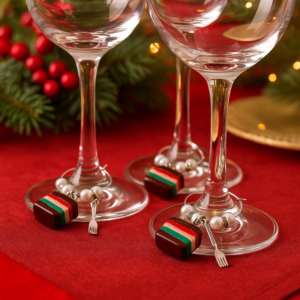 Italian Rainbow Cookie Wine Glass Charms – Set of 4 | Handmade Christmas Clay